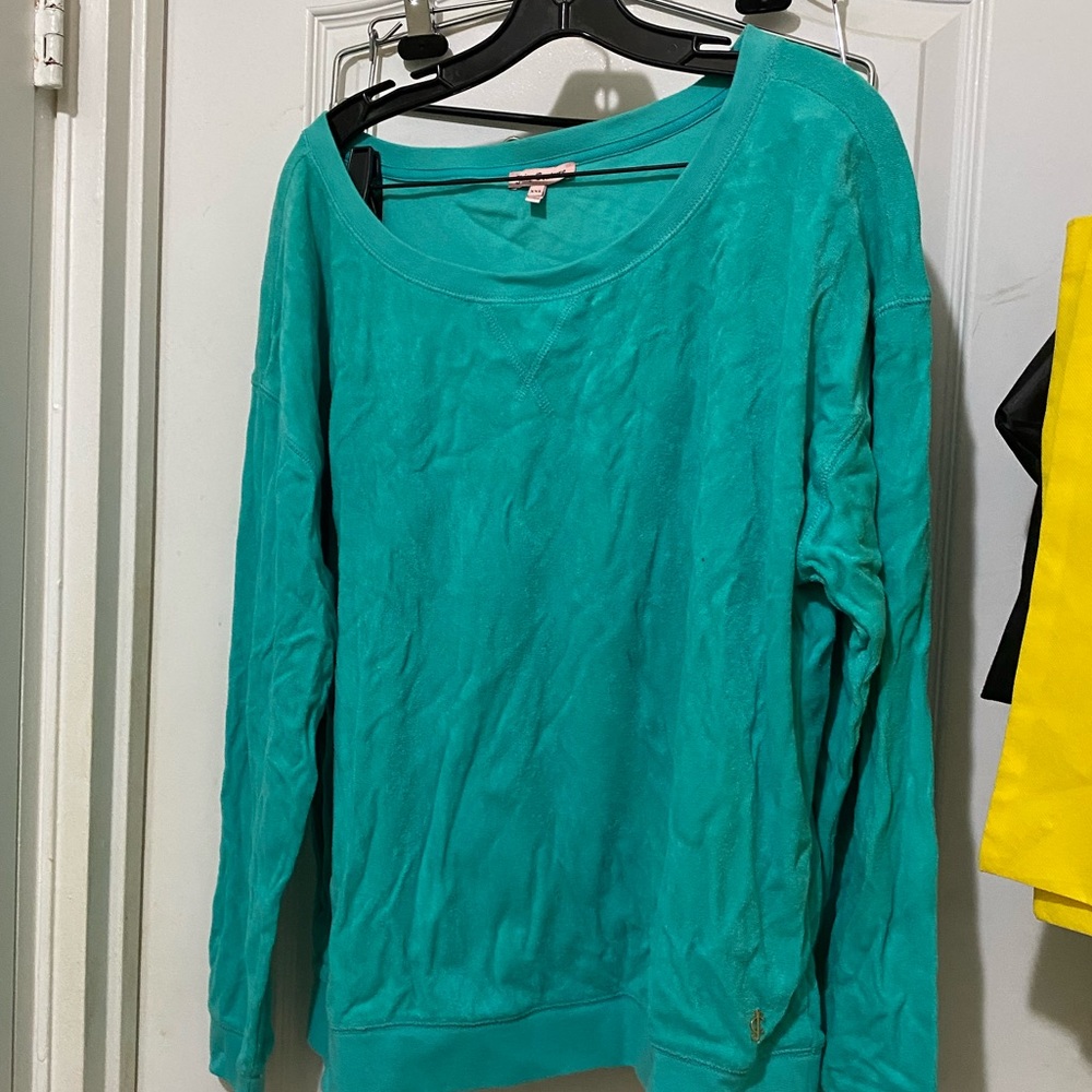 Vintage 2000s JUICY COUTURE terrycloth off shoulder sweatshirt turquoise XXL Y2K
